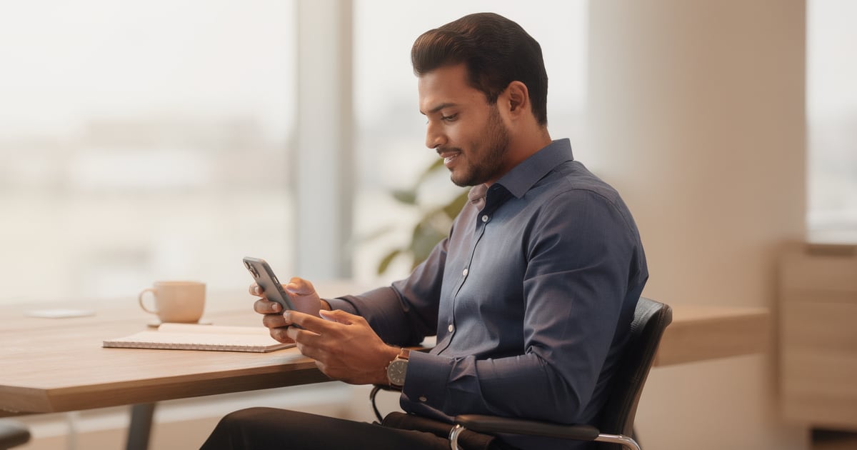 Homem de camisa social sentado à mesa de trabalho conferindo o celular com tranquilidade durante o expediente.