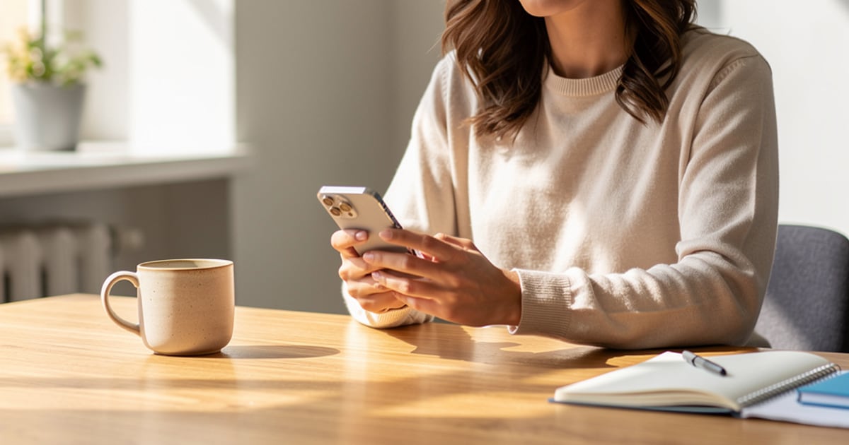 Mulher sentada à mesa de escritório sorrindo enquanto usa o celular ao lado de uma xícara de café e bloco de anotações