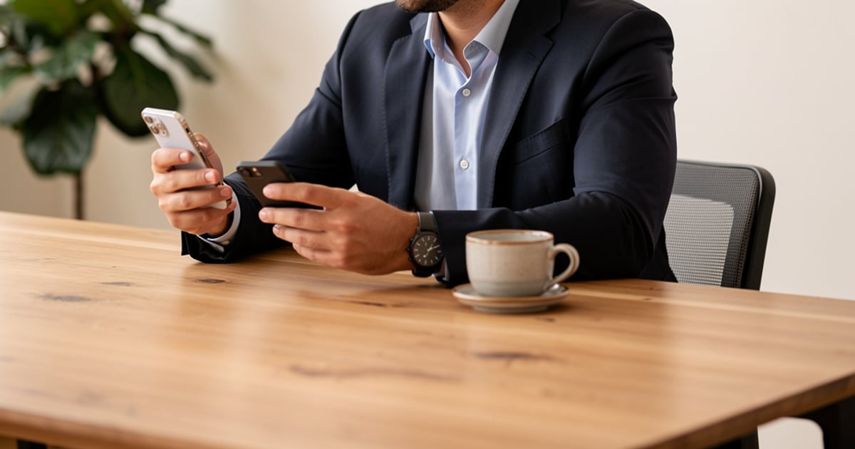 Empresário em mesa de escritório utilizando o celular para gerenciar o perfil do seu negócio.